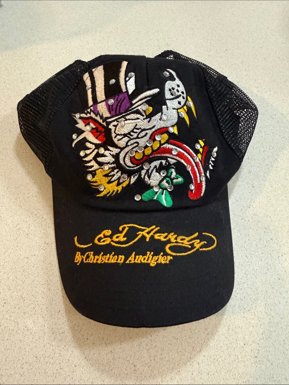 RARE FIND Y2K- Ed Hardy Black Trucker Hat with Multicolor Embroidered Graphic